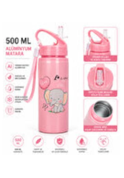 Alüminyum Matara 500 Ml Çocuk Su Matarası Pipetli Sızdırmaz Dayanıklı Taşıma İpli Belkıs Pembe