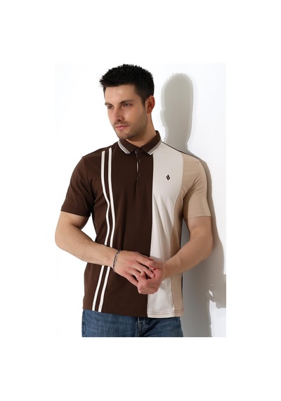 Rıbana Classıc Erkek Çizgili Şerit Detaylı Pamuklu Polo Yaka T-shirt Kahverengi