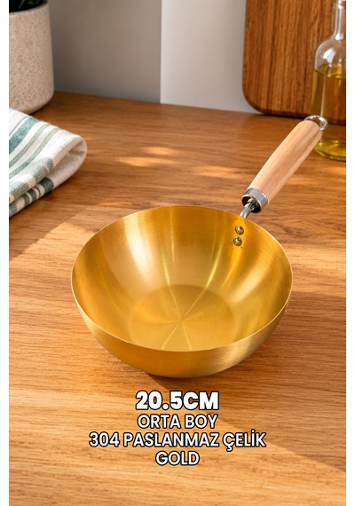 20.5cm Gold Tava Orta - Japon Stil Gold Wok Tava - Tam Yuvarlak Tava - 304 Paslanmaz Çelik Profesyonel Ahşap Saplı