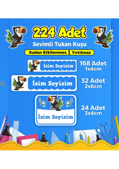 Sevimli Tukan Kuşu Temalı Okul Kreş Kişiye Özel İsim Etiket Seti - Model 105 Çok Renkli
