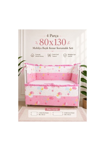 80x130 Mobilya Beşik Korumalık Seti - 4 Parça Rüya Serisi Pembe Fırfırlı