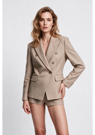Ekol Kadın Kruvaze Çentikli Yaka Düğme Detaylı Uzun Kollu Blazer Ceket Kum