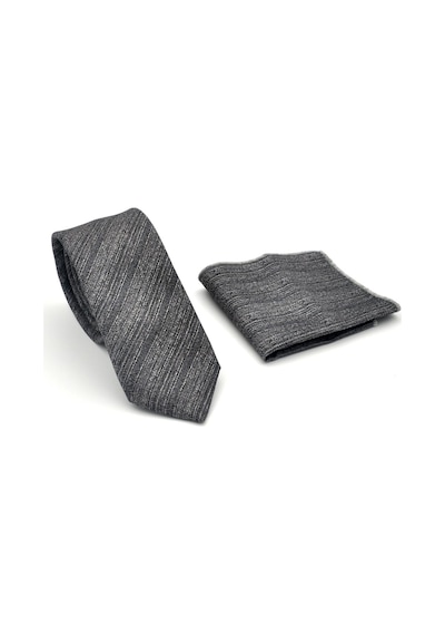 Gaffy Gri Kırcıllı Desenli Füme Dokuma Kumaş Mendilli Slim Fit Kravat // Sdk-2501-3 Füme