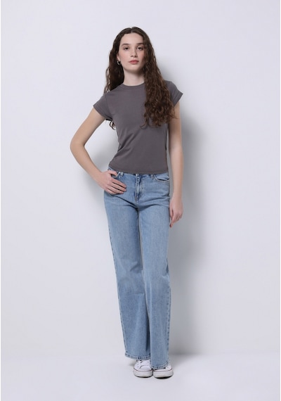 Colins Slim Fit Yuvarlak Yaka Düz Kadın Gri Kısa Kol Tişört Cl1074571 Q1.v2 Dgr Koyu Gri
