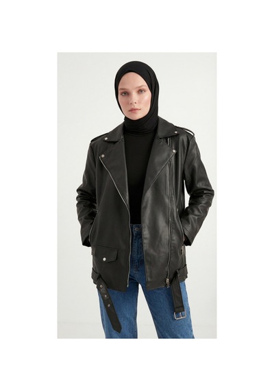 Meecy Kadın Oversize Biker Tesettür Deri Ceket Siyah Siyah