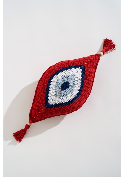 Kırmızı Detaylı Nazar Boncuklu Dekoratif Kırlent Kılıfı / Göz Figürlü Yastık - 25x40 Cm