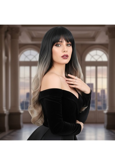 Kahküllü Uzun Dalgalı Fiber Sentetik Peruk - Siyah / Küllü Bebek Sarı Ombreli Çok Renkli