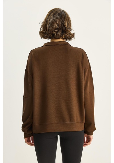 Shade Kadın Dik Yaka Yarım Fermuarlı Cep Detaylı Oversize Modal Sweatshirt 60601053 - Acı Kahve Çok Renkli