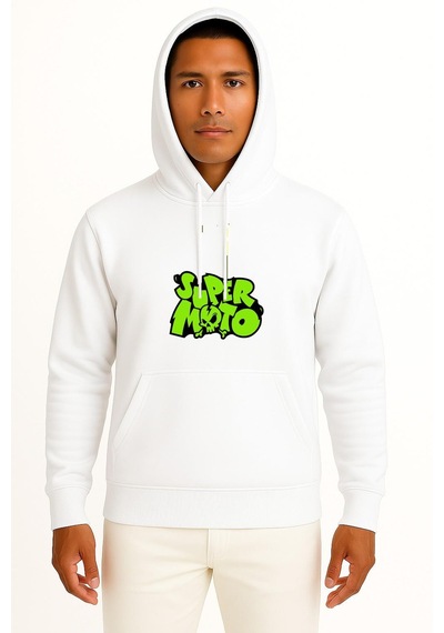 Bahriyeli Collection Kapüşonlu Super Moto Yeşil Göğüs Baskılı Unisex Sweatshirt Beyaz