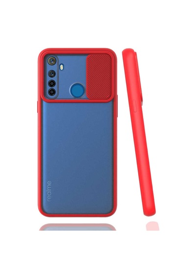 Kilifone - Realme 5i Uyumlu - Kılıf Slayt Sürgülü Arkası Buzlu Lensi Kapak - Kırmızı