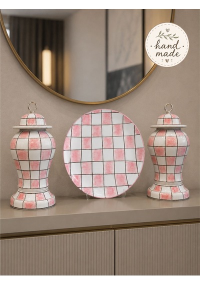 Salon Seti - Pembe Damalı Dekoratif Obje Tabak Şah Küp Gümüş