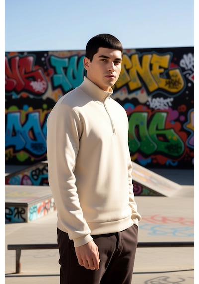 Benerly Erkek Dik Yaka Standart Kol Regular Kalıp Sweatshirt Fonksiyonel Ekru