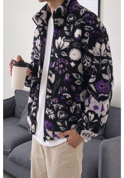 Genius Store Oversize Peluş Tam Fermuarlı Sweatshirt Peluş İçi Polarlı Sherpa Kumaş Sweatshirt Mor Çiçek