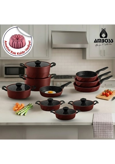 Amboss 16 Parça Vento Döküm Tencere Tava Sahan Seti Kırmızı PKT.AMBOSS.011 Kırmızı