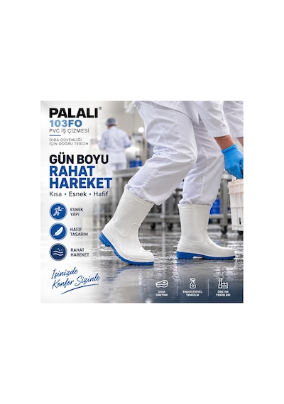 103fo Kısa Beyaz Pvc Su Geçirmez İş Çizmesi Gıda Hijyen Sanayi Mutfak Çizmesi Palalı 103 Fo