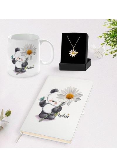 Kişiye Özel Papatya Temalı Beyaz Defter Kupa Ve Papatya Kolye Set