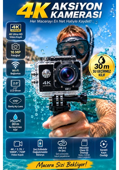 4k Wifi Aksiyon Kamerası 16 Mp 30 Metre Su Geçirmez Kılıflı 2.0 İnç Lcd Ekranlı Geniş Açılı Spor Kamera Siyah