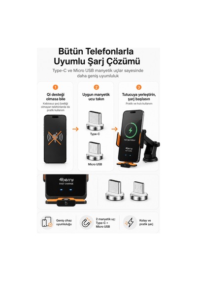66w Manyetik Hızlı Şarjlı Kablosuz Araç Telefon Tutucu Otomatik Sensörlü, Vantuz Ve Klima Klipsli Siyah