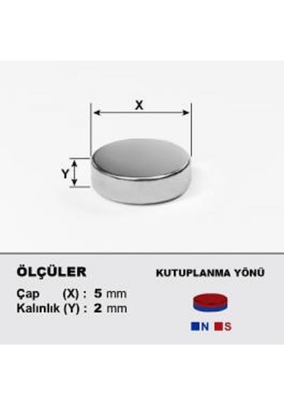 100 Adet Çap 5Mm X Kalınlık 2Mm Silindir Güçlü Neodyum Mıknatıs N11.2448