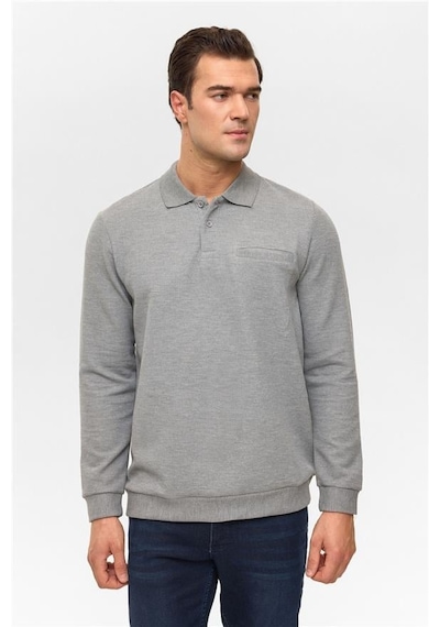SÜVARİ Gri Regular Armürlü Polo Yaka Sweatshirt Gri