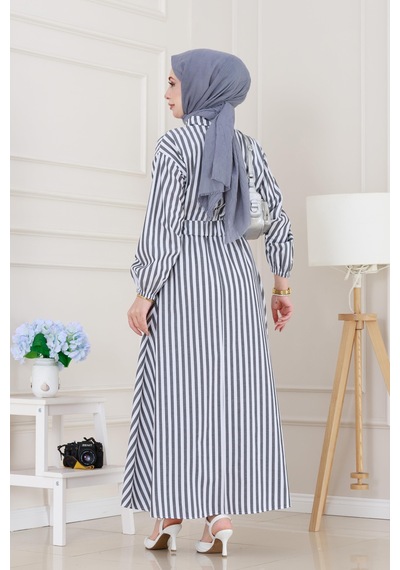 Sevitli Çizgili Cepli Tesettür Elbise-siyah-5132 Siyah