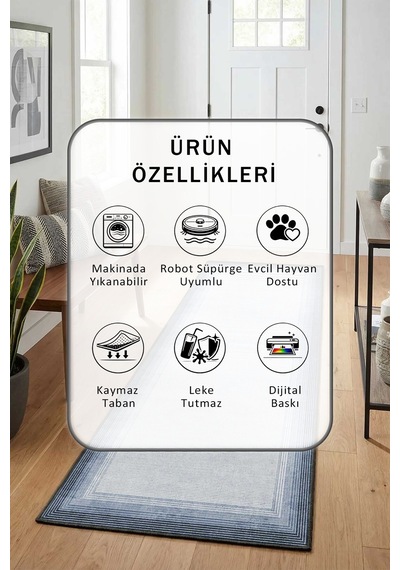 Salon Mutfak Yatak Odası Dijital Baskı Yolluk Yıkanabilir Yollu 8 Açık Gri