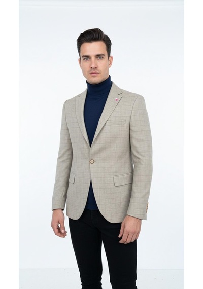 Plus Scorpion Ekoseli Slim Fit Erkek Blazer Ceket Şık Modern Tasarım, Tek Düğmeli Açık Bej