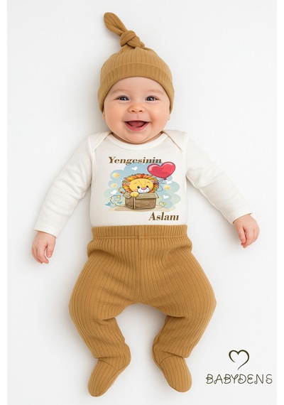 Babyden's Yengesinin Aslanı 3 Lü Bebek Takımı Pamuklu Fitilli Kumaş Uzun Kollu Zıbın, Patikli Pantolon, Şapka Açık Kahverengi