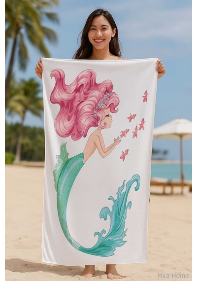 Seadream Tropikal Desenli Plaj Havlusu 70x140 Cm Denizkızı Beyaz