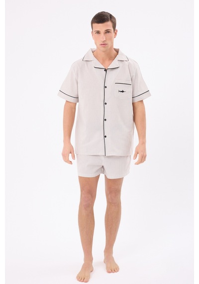 L'espadon Marısılk Seastrıpe Erkek Yazlık Şortlu Gömlekli Pijama & Lounge Takımı-3175 Bej