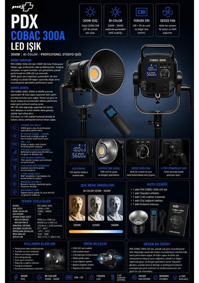 Pdx Cobac 300a Led Işık 300w Bi-color Profesyonel Stüdyo Işığı