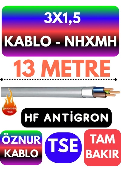 Öznur 3x1,5 Nhxmh Alev İletmez Kablo Metre Seçenekli Gri - 13 Metre