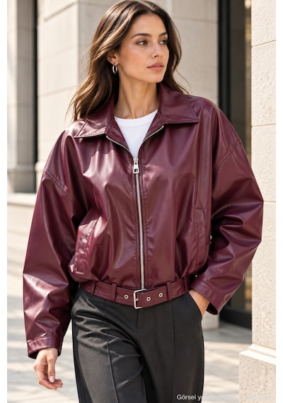 Polo State Kadın Bordo Kemer Detaylı Fermuarlı Oversize Suni Deri Ceket