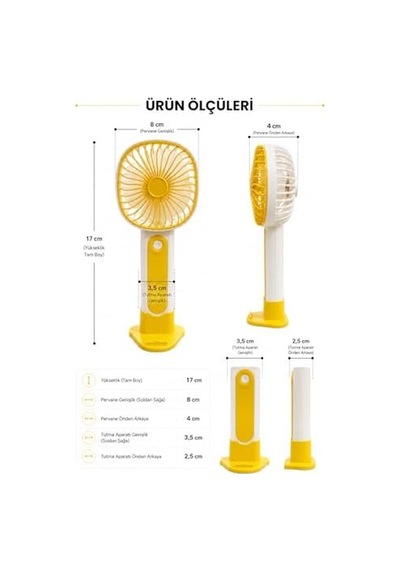 Mini El Fanı Usb Şarjlı Type-c Bağlantılı 3 Kademeli Taşınabilir Elektrikli Fan Masaüstü Ve El Tipi Kullanım Sarı Renk Serinletici Fan