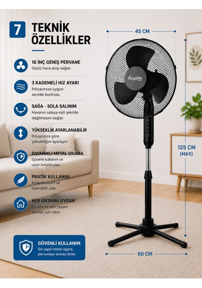 Breeze Mx-bs160 16 İnç Katlanır Ayaklı Vantilatör 45w 3 Kademeli Hız Ayarlı Metal Izgaralı Vantilatör