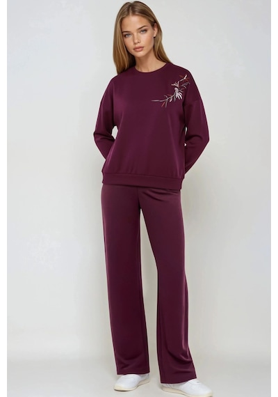 Hiccup Nakışlı Bisiklet Yaka Sweatshirt Ve Düz Paça Pantolon İkili Takım Bersan Collection Bordo Kırmızı