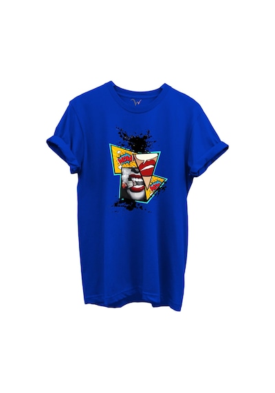 Pop Art Dudak Ve Çizgi Roman Baskılı Wow Temalı %100 Pamuk Regular Fit Unisex T-shirt Mavi