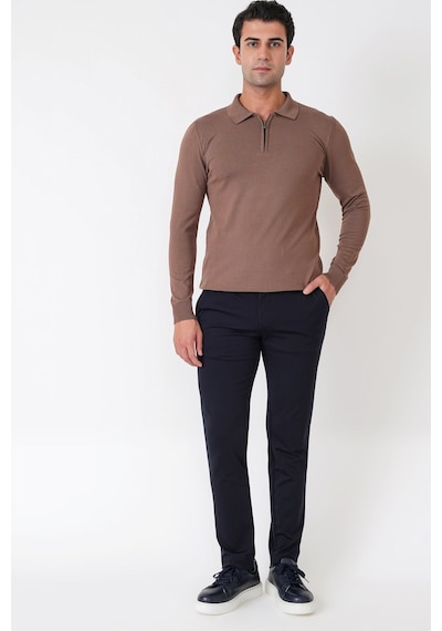 Slim Fit Esnek Pamuklu Fermuarlı Polo Yaka Açık Kahve Triko Tr 902 A.Kahverengi