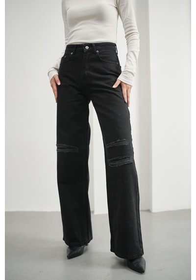 HLT Jeans Kadın Siyah Yırtıklı Wide Leg Yüksek Bel %100 Pamuk Jean Kot Pantolon Jessica-2038