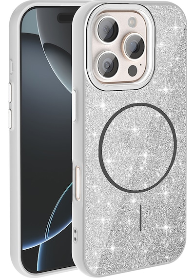 Apple iPhone Uyumlu 16 Pro Max Kılıf Magsafe Şarj Özellikli Parlayan Simli Okso Kapak - B Beyaz Beyaz