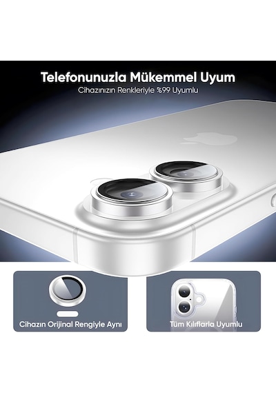 İphone 17 İle Uyumlu Kamera Koruyucu Alüminyum Alaşım Çerçeveli Ve 9h Sertliğinde Temperli Camlı Lens Koruyucu Beyaz
