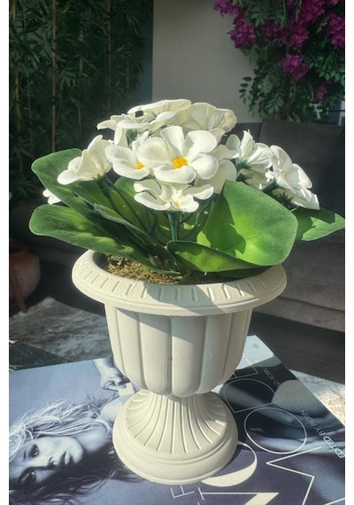 4lü Set Yapay Çiçek Krem Antik Saksıda Karışık Renk Kadife Menekşe Gerçekçi Doku 22cm