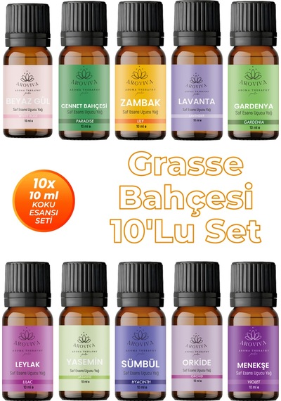 Grasse Bahçesi Esansiyel Uçucu Koku Yağı Buhurdanlık Yağı Difüzör Esansı 10'lu Set 10x10ml Karışık