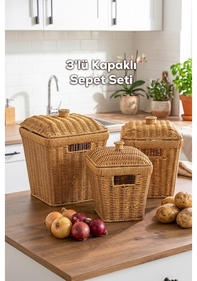 Porsima Pbt-919 3lü Hasır Sepet Kapaklı Bambu Sepet Seti Dekoratif Banyo Mutfak Düzenleyici Patates Soğan Sepeti Organizeri Ahşap