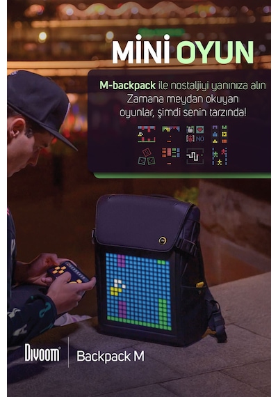 Divoom Pixoo Backpack M Siyah LED Ekranlı APP Kontrollü Su Geçirmez Laptop Sırt Çantası-15-15.6" Siyah