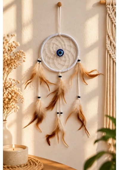 Motifli Düş Kapanı Rüya Kapanı Dream Catcher Bej Tüylü Nazar Boncuklu Bohem Duvar Süsü Bohem El Yapımı Nazar Boncuklu Düş Kapanı