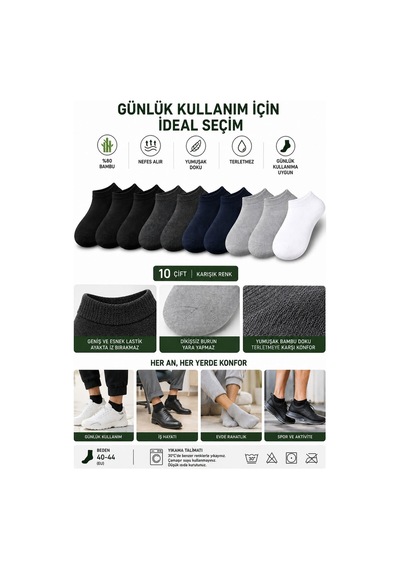 Hepsine Rakip 10Lu Erkek Dikişsiz Bambu Pamuklu Kaymayan Patik Spor Çorap-Karışık-40-44 Çok Renkli