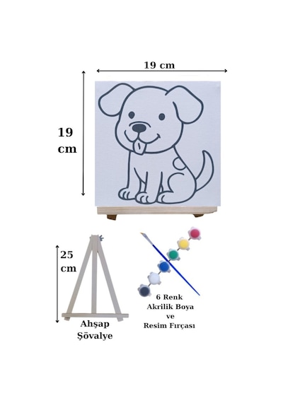 Çocuklar İçin Tuval Boyama Seti Sevimli Köpek 19x19 Cm Tuval, Şövale, Fırça Ve 6 Renk Akrilik Boya Seti