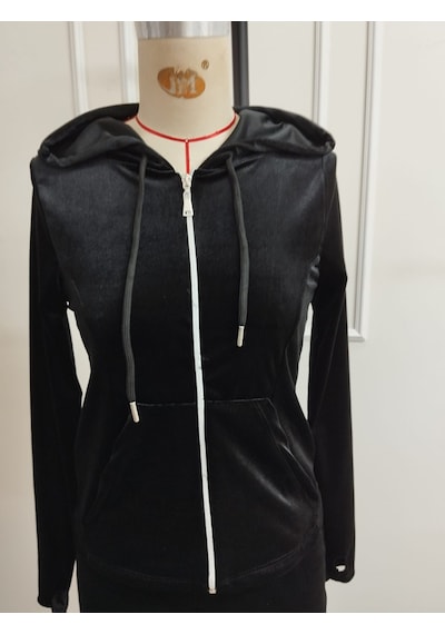 Bhrwear Kadın Uzun Kollu Kapşonlu Ve Önden Fermuarlı Cepli Kadife Bluz Ve Pantolon Ikili Takım Renkli