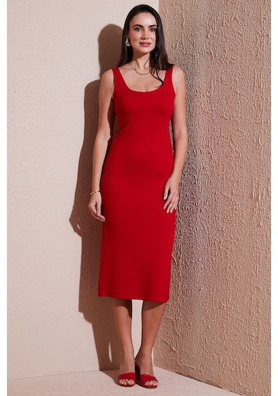Lela Slim Fit Kalın Askılı Midi Bayan Elbise 5866154 Kırmızı